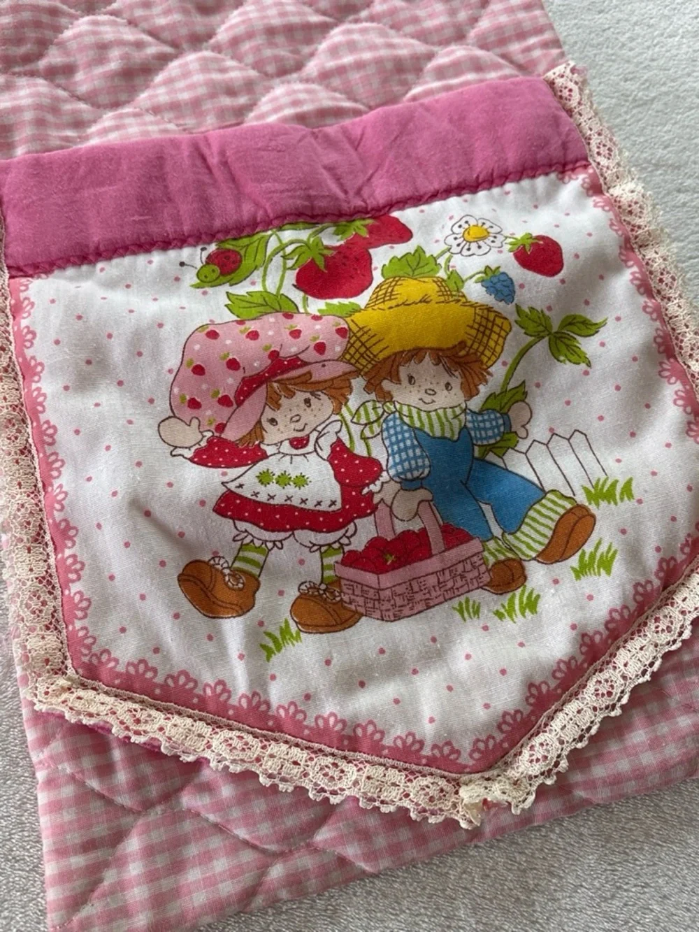 Vintage Handmade Quilted Lace Strawberry Shortcake Tote Bag